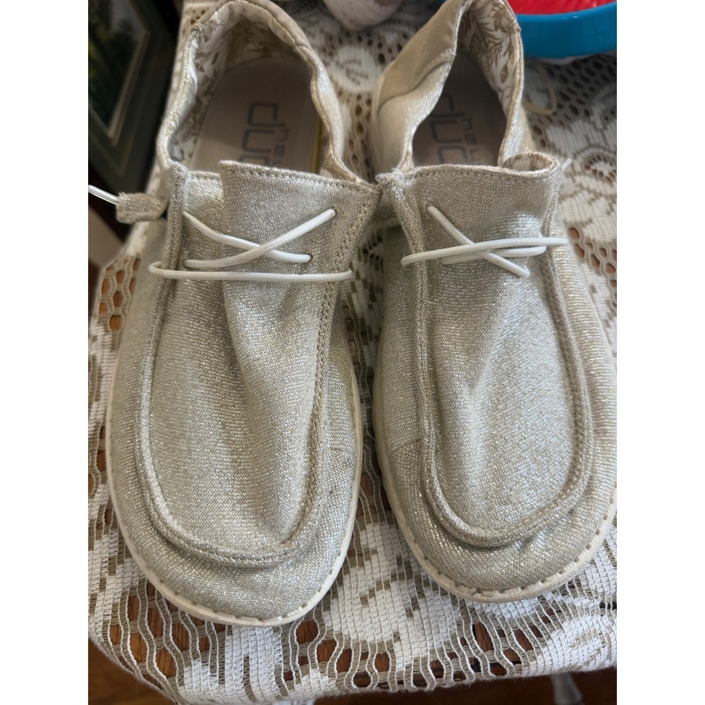 Hey Dude Wendy Stretch Sparkling Beige Metallic Loafers Shoes Womens 10